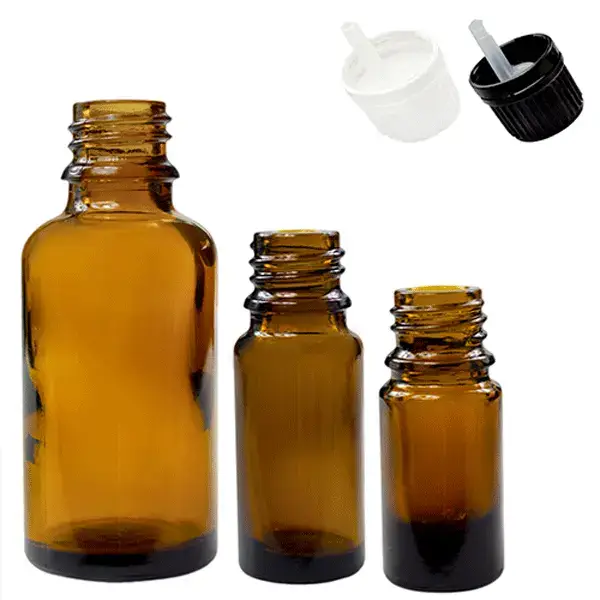 Flacoane din sticlă pentru uleiuri esențiale ETERIKA, 5–100 ml Flacoane goale din sticlă pentru uleiuri esențiale, cu dozator și capac, 5–100 ml